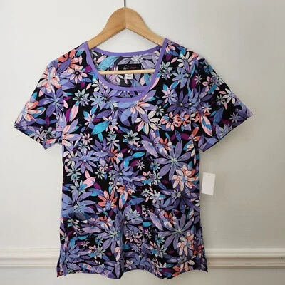 New Koi Lite Scrub Top XS Womens Summer Blooms Lola Floral Short Sleeve Purple - Image 1 of 4
