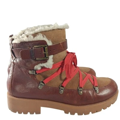 Nine West 女式远足靴 9.5M 码棕色皮革 Orynne 带红色弦 — 第 1/4 张图片