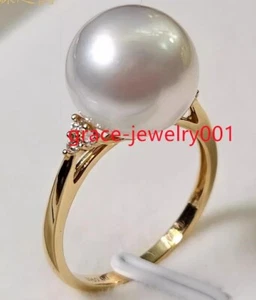 Real 18K Yellow Gold, 10-11mm AAAA White South Sea Round Pearl Rings size 8# - Picture 1 of 8