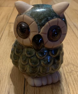 Matte Glaze Ceramic Owl Figure Green and blue on the body matte is beige Collect - Picture 1 of 10