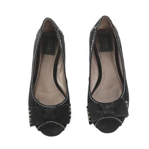 Clarks Artisan Black Suede Stitched Peep Toe Flats Shoes Bow Accent Womens 6.5 M - Picture 1 of 7