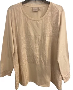 LOGO Life by Lori Goldstein French Terry Top mit Häkelspitze hellbeige Größe 1X - Bild 1 von 8