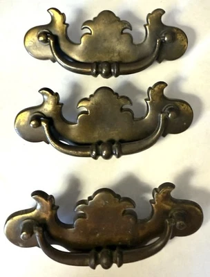 Chippendale Batwing Style Antique Brass Drawer Pull Set of 3 - Image 1 of 4