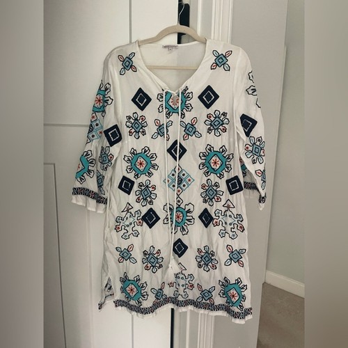 Abito Frances San Valentino bianco ricamato media stampa davanti cotone M