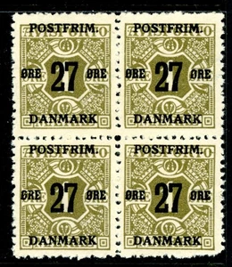 Denmark 1918 Definitive 27o/1o Olive Perf 13 Scott #138 Block MNH K686 - Picture 1 of 6