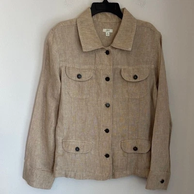 Vintage J. Jill 100% linen tan Beige Utility boxy front pockets Jacket Womens M - Image 1 of 4