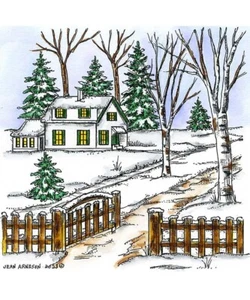 House Trees Winter Snow Scene Wood Mounted Rubber Stamp NORTHWOODS PP11406 New - Picture 1 of 4