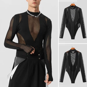 Mens Fishnet Mesh Long Sleeve Tops Overalls Slim Fitted Party Club Shirt Blouse - Picture 1 of 12