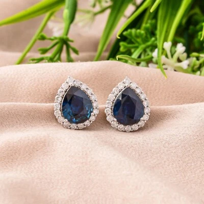 6.09 TCW Lab Grown CVD Diamond Pear Blue Sapphire Stud Earrings 18k White Gold - Image 1 of 4