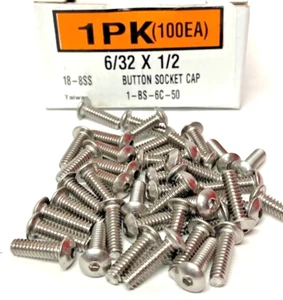 New 6/32 x 1/2" Button Socket Cap Screw, 18-8 Stainless Steel (100ea) - Picture 1 of 3