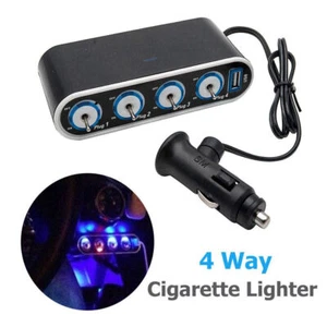 12v Car 4 Way Socket Extension Cigarette Lighter Switch Plug USB Charger Ports/⇄ - Bild 1 von 5