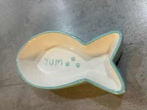 Winifred and Lily Ceramic Cat Bowl. Fish Shaped Blue & White. - Picture 1 of 4