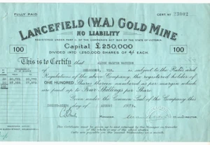 Australia - Share Scrip. 1935 Lancefield (W.A) Gold Mine N/L.. - Imagen 1 de 1