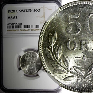 SWEDEN Gustaf V Silver 1928 G 50 Ore NGC MS63 KM# 788 (040) - Picture 1 of 5