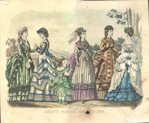 1870 GODEY'S FASHIONS FOR MAY antique color art print WOMEN AND GIRL IN DRESSES - Picture 1 of 1