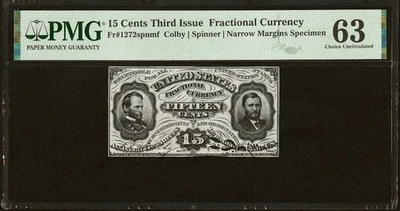 PMG 63 FR 1272 Fractional 1864 Union Currency 15c Narrow Civil War Grant Sherman - Image 1 of 4