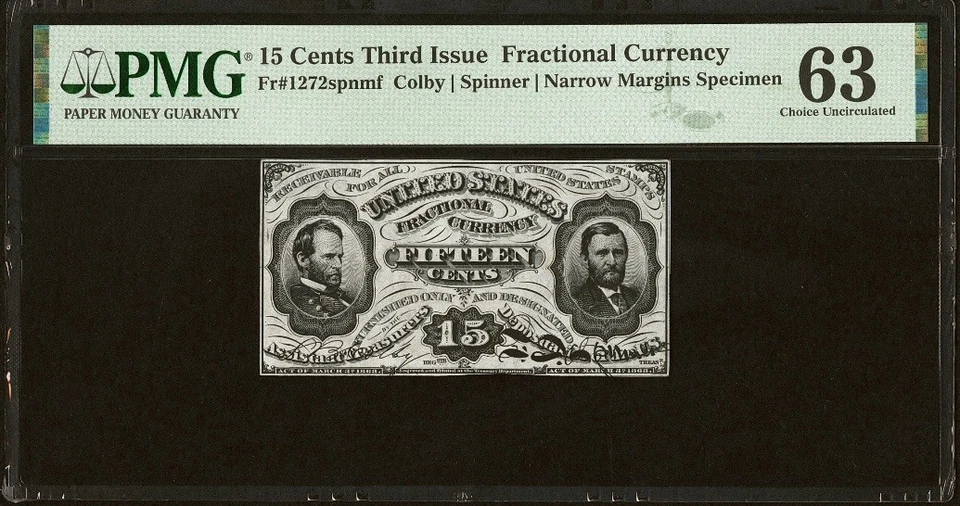 PMG 63 FR 1272 Fractional 1864 Union Currency 15c Narrow Civil War Grant Sherman - Image 1 of 4