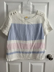 C&C California Womens Large Linen Top White Pink Blue Stripe Short Sleeve Blouse - Picture 1 of 7