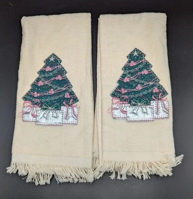Lot Of 2 Vintage Pink And Cream Christmas Tree & Bow Hand Towels - Image 1 of 4