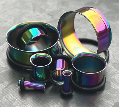 PAIR Rainbow Single Flare Tunnels Ear Plugs Gauges PVD Plated Surgical Steel - Image 1 of 4