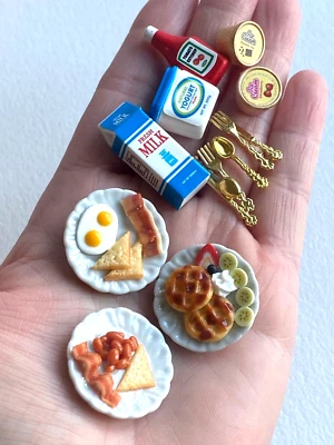 lot 14 pcs set miniatures 1:12 breakfast set handmade waffles egg bacon milk jam - Image 1 of 4