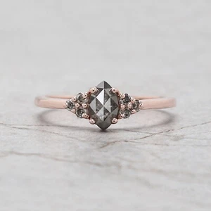 0.53 Ct Natural Marquise Salt And Pepper Diamond 14K Rose Gold Engagement Ring - Picture 1 of 9