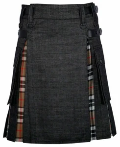 Modern Hybrid Black Denim & Campbell of Thomson Tartan Kilt Handmade Hybrid Util - Picture 1 of 3