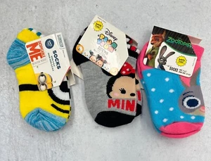 3 pairs Girls' Disney Minnie Zootopia & Minion Size 5-6.5 Shoe Size 5.5-8.5 - Picture 1 of 1
