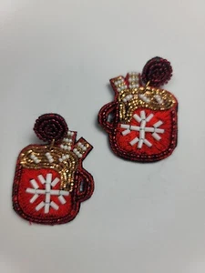 Holiday Red/Gold Hot Chocolate/Cocoa Seed Bead Felt Dangle Earrings - NEW - Picture 1 of 3