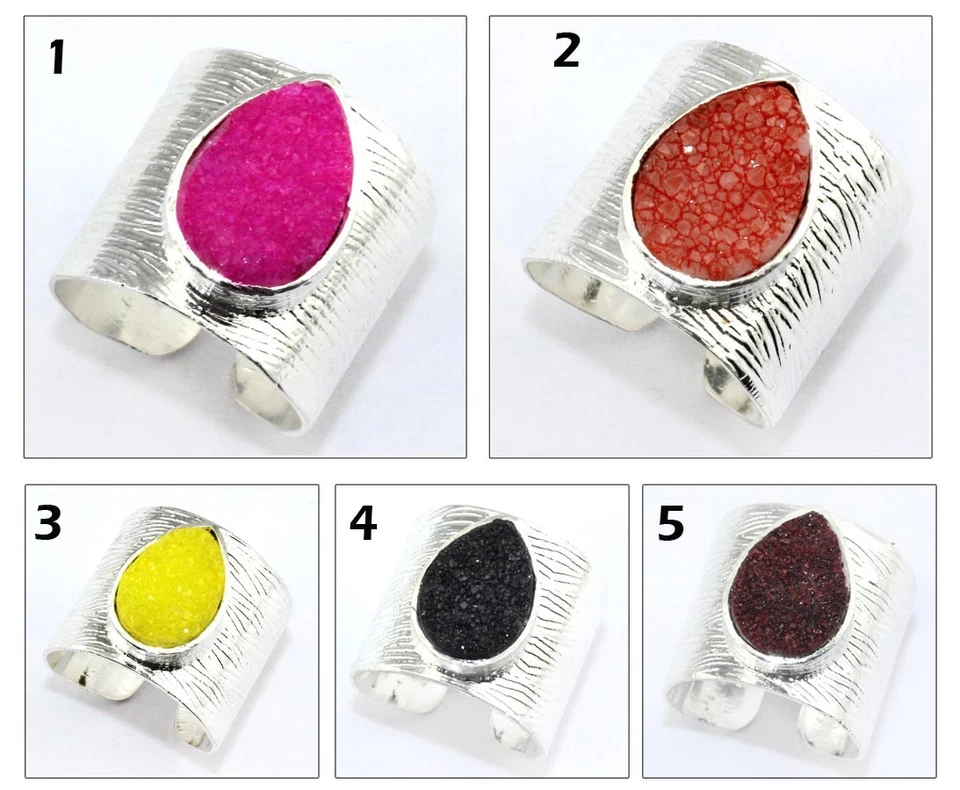 Anel drusy ajustável folheado a prata quartzo druso açúcar pera natural multicolorido - Imagem 1 de 1