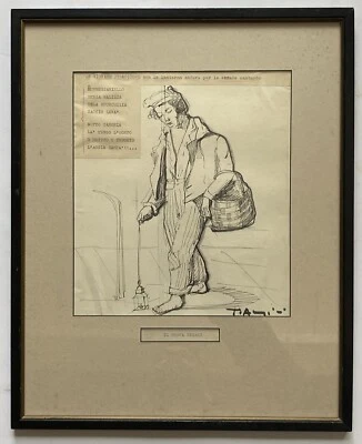 Linterna Hombre Artista Misterio Firmado Dibujo a Tinta Italiano Original Mediados de Siglo Años 40 Foto 1 de 4
