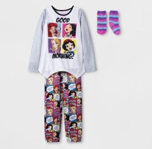 Girls' Disney Princess 2pc Pajama Set with Socks - Gray S - Picture 1 of 3