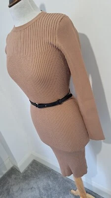 Vestido tipo jersey KAREN MILLEN beige marrón manga larga efecto tejido hasta la rodilla talla M Foto 1 de 4