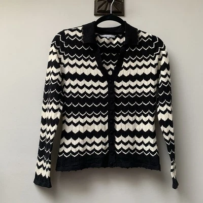 Oliver Bonas Cardigan Size UK 8 Black Cream Thin Knit Zig Zag Glitter Collar - Image 1 of 4