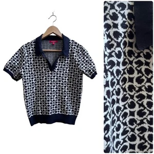 Guess Blue White Knit G Letter Print V Neck Collar Short Sleeve Polo Top Size XL - Picture 1 of 11