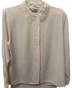 Vintage Bluse beige 80er Jahre Le Caviar Polyester Gr. 12 bestickt Cutouts - Bild 1 von 6