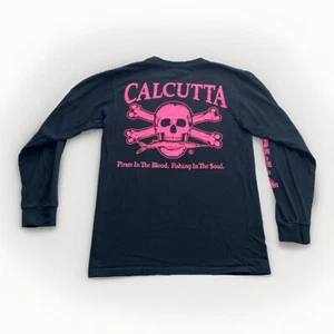 VTG Y2K Calcutta Longsleeve Fishing T Shirt Small Skull & Cross Bones Black Pink - Picture 1 of 10