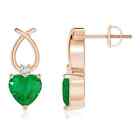 Natural Emerald Heart Stud Earrings with Diamond in 14K Gold (Grade-AA , 5MM)