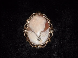 497 14k yellow gold vintage carved shell cameo pin pendant 13 grams .02 diamond - Picture 1 of 4