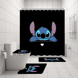 Lilo and Stitch Bathroom 4 Pieces Set Shower Curtain Lid Cover and Bath Mat Rugs - Picture 1 of 7