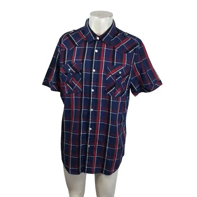 3RD & ARMY - MEN'S - NAVY & RED SHORT SLEEVE BUTTON COLLARED SHIRT W/ POCKET - Image 1 of 4