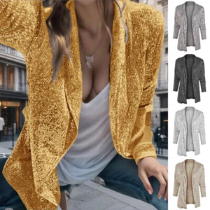 UK Ladies Glitter Sequin Long Sleeve Blazer Suit Coat Jacket Christmas Party Top - Picture 1 of 29