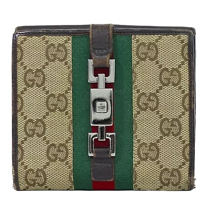 GUCCI Jackie Sherry Line GG Canvas Leather Bifold Compact Wallet Beige Brown • 148€