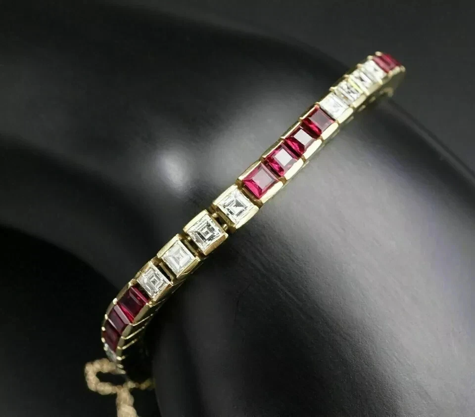 12 CT Princess Cut Ruby & Diamond Lab-Created Tennis Bracelet 14K Yellow Gold FN - Image 1 of 4