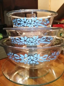 VTG Clear Pyrex Blue Ribbon Nesting Mixing Pattern Bowl 3pc Set Made in USA - Picture 1 of 3