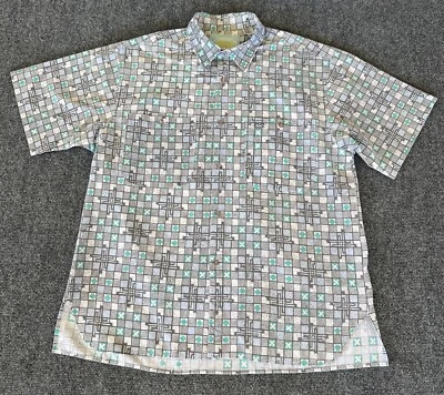 Pacific Coast Highway Mens VTG Shirt Green Blue Geometric AOP Stars Check Button - Image 1 of 4