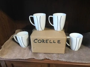 Corelle Coordinates White & Black Simple Lines Porcelain 12oz Coffee Cups Mugs