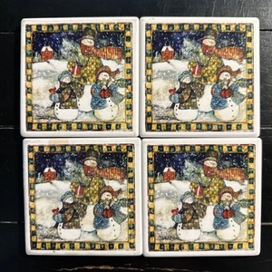 4 Stoneware Coasters Snowmen Family Cork Backed Christmas decor Country - Picture 1 of 9