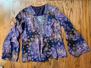 Nanette Lepore 100% Silk Top Women S Printed Blue Multi Bell Sleeve Peasant Boho - Picture 1 of 10