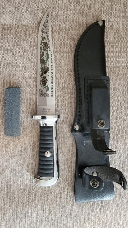 Cuchillo Bowie Original Años 70 con Hoja de Cuero y Piedra de Afilar HERMOSO Foto 1 de 3